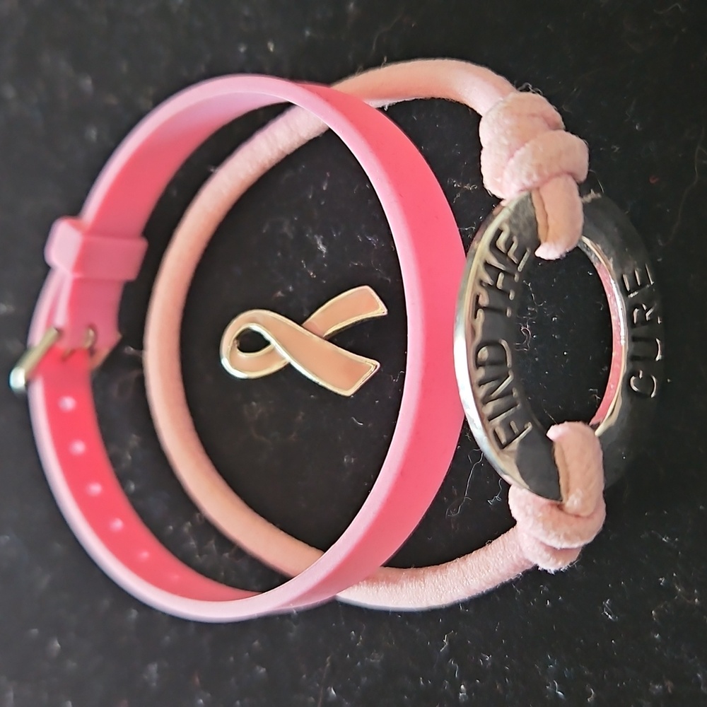 "Find the Cure" Pink Breast Cancer Awareness Bracelets & Pink Ribbon Pin